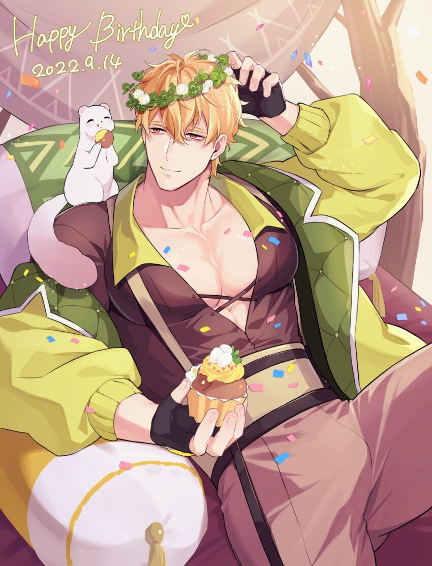 1boy, 7go3_nc, adjusting_clothes, adjusting_headwear, animal, animal_on_shoulder, bags_under_eyes, belt