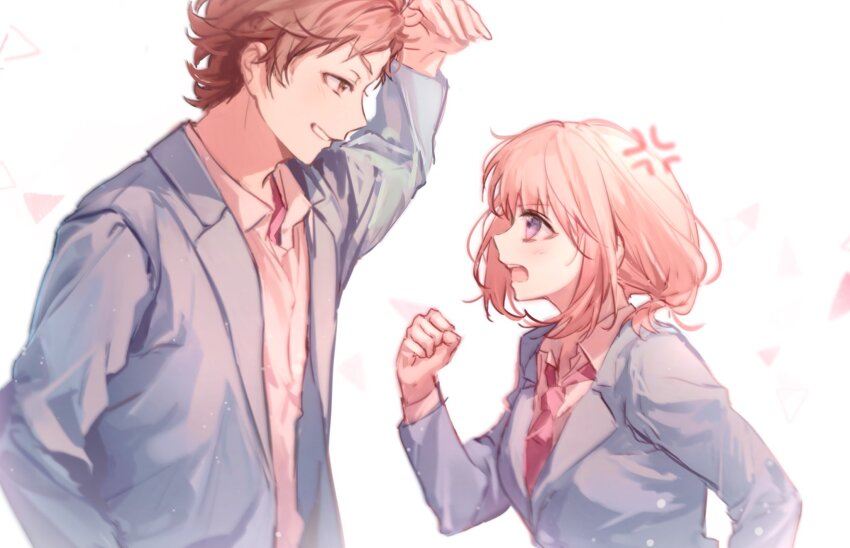 1boy, 1girl, angry, blazer, blush, brown_eyes, brown_hair, clenched_hand