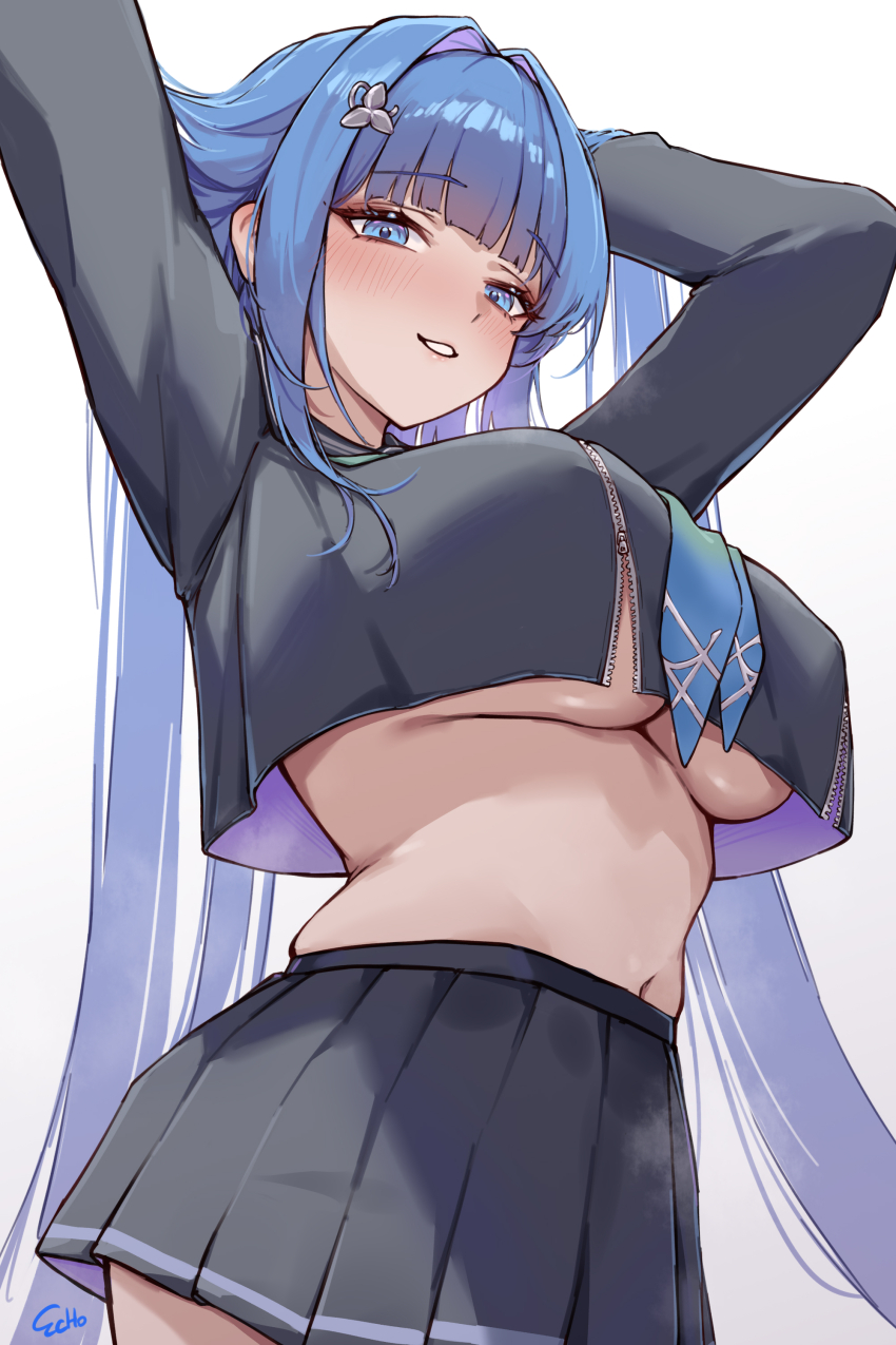 1girl, absurdres, arcana_(fortune_mate)_(nikke), arcana_(nikke), arms_behind_head, arms_up, blue_eyes, blue_hair