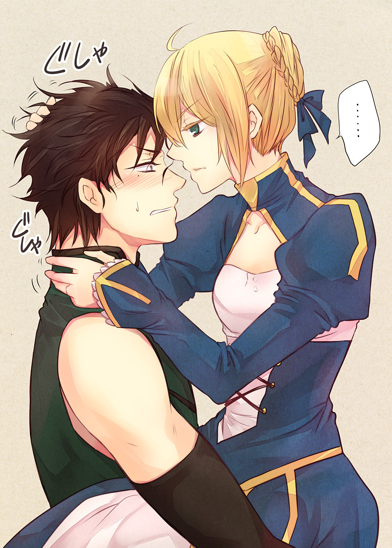 1boy, 1girl, ahoge, artoria_pendragon_(fate), black_hair, blonde_hair, blush, diarmuid_ua_duibhne_(fate), diarmuid_ua_duibhne_(lancer)_(fate), fate/stay_night, fate/zero, fate_(series), green_eyes, hair_ribbon, headpat, iroto_89, mole, mole_under_eye, ribbon, saber_(fate), short_hair, yellow_eyes