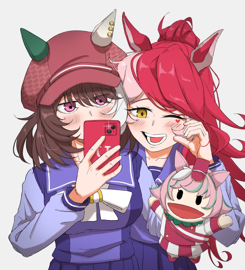 2girls, ;d, absurdres, animal_ears, blush, bow, bowtie, breasts