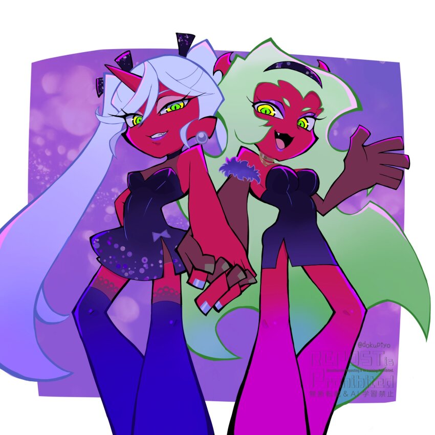 2girls, black_dress, blue_hair, colored_skin, demon_girl, demon_horns, dokupiyoart, dress