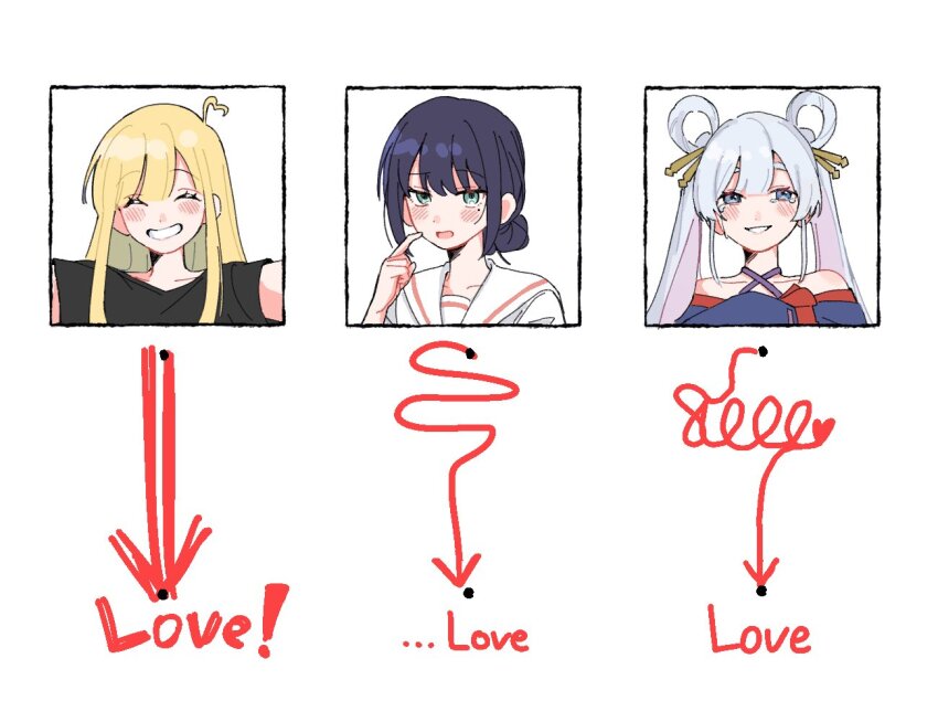 3girls, ^_^, ahoge, arrow_(symbol), bare_shoulders, black_hair, black_shirt, blonde_hair, blue_eyes, cho_kaguya-hime!, closed_eyes, colored_inner_hair, commentary_request, criss-cross_halter, crying, crying_with_eyes_open, deden_ne1, english_text, facing_viewer, green_eyes, grin, hair_bun, hair_ornament, hair_rings, hair_stick, halterneck, heart, heart_ahoge, kaguya_(cho_kaguya-hime!), long_hair, looking_at_viewer, meme, mole, mole_under_eye, multicolored_hair, multiple_girls, off_shoulder, open_mouth, pink_hair, runami_yachiyo, sailor_collar, sakayori_iroha, school_uniform, serafuku, shirt, short_sleeves, sidelocks, simple_background, single_hair_bun, smile, sorry_line_(meme), straight_hair, t-shirt, tears, twintails, white_background, white_hair, white_sailor_collar, white_shirt