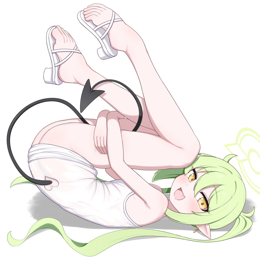 1girl, absurdres, blackness_(blackness661), blue_archive, blush, clothes_cutout, clothing_cutout, cutout_shape, demon_tail, dress, fang, feet, female_focus, flat_chest, green_hair, heart_cutout, highres, loli, long_hair, looking_at_viewer, lying, nozomi_(blue_archive), on_back, pointy_ears, sandals, simple_background, skin_fang, smile, solo, tail, tail_through_clothes, thighs, toes, twintails, white_background, white_dress, yellow_eyes