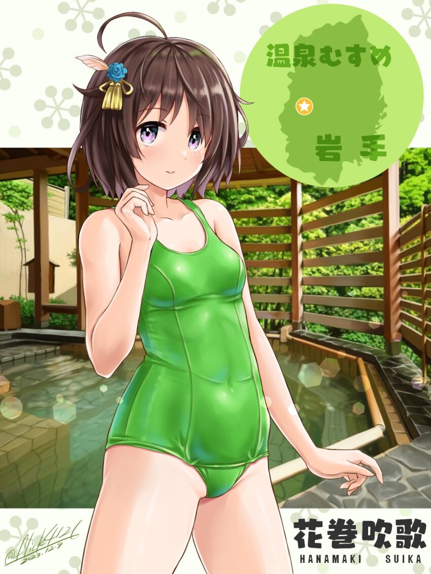 1girl, ahoge, black_hair, brown_eyes, character_name, commentary_request, covered_navel, fence