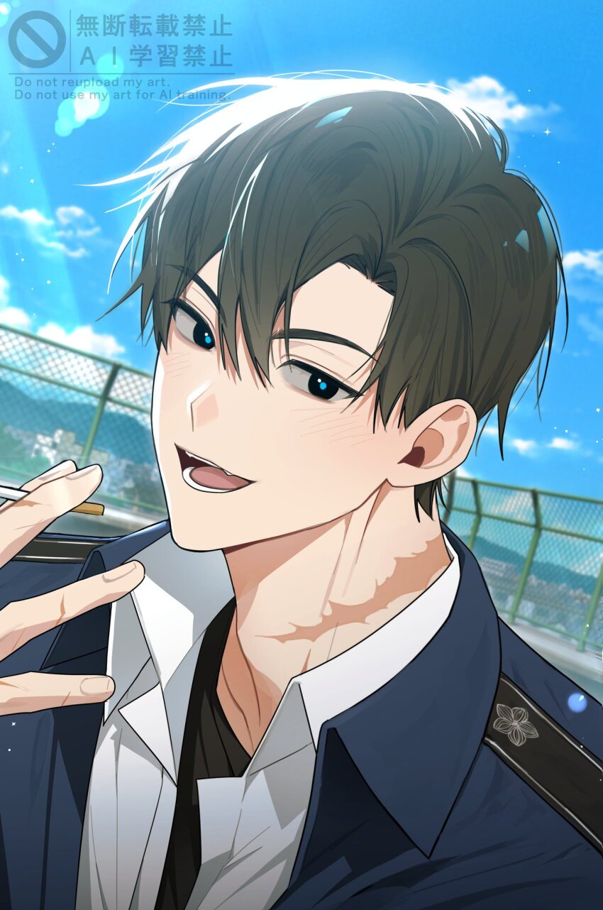 1boy, agent_choi, black_eyes, black_shirt, blue_jacket, blue_pupils, brown_hair, cigarette, cityscape, cloud, collared_shirt, commentary_request, english_text, fence, gwechul, highres, holding, holding_cigarette, jacket, k7zplufsrrqspa6, korean_commentary, male_focus, open_mouth, scar, scar_on_neck, shirt, short_hair, sky, smile, upper_body, watermark, white_shirt