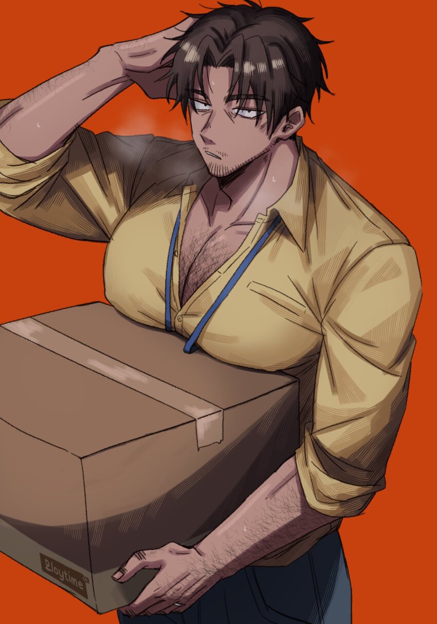 1boy, arm_hair, blue_pants, box, brown_hair, cardboard_box, chest_hair, collared_shirt