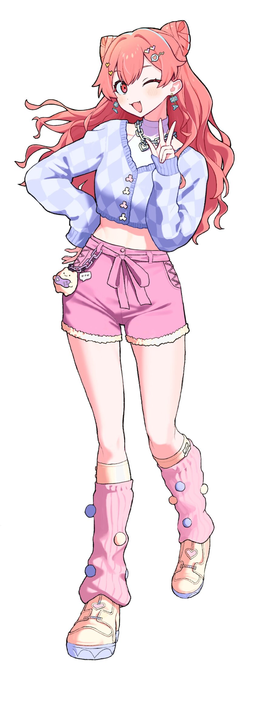 1girl, absurdres, blush, chain, chain_necklace, charm_(object), cone_hair_bun, double_bun, earrings, envelope_earrings, fang, full_body, hair_bun, hair_ornament, hairclip, heart, heart_collar, heart_hair_ornament, highres, jewelry, leg_warmers, long_hair, long_sleeves, looking_at_viewer, midriff_peek, momoi_airi, necklace, one_eye_closed, open_mouth, pink_eyes, pink_hair, pink_leg_warmers, pink_shorts, project_sekai, purple_sweater, shirt, shoes, shorts, simple_background, sleeves_past_wrists, smile, socks, solo, standing, sweater, thighs, w, wawasuke, white_background, white_shirt, yellow_shoes, yellow_socks