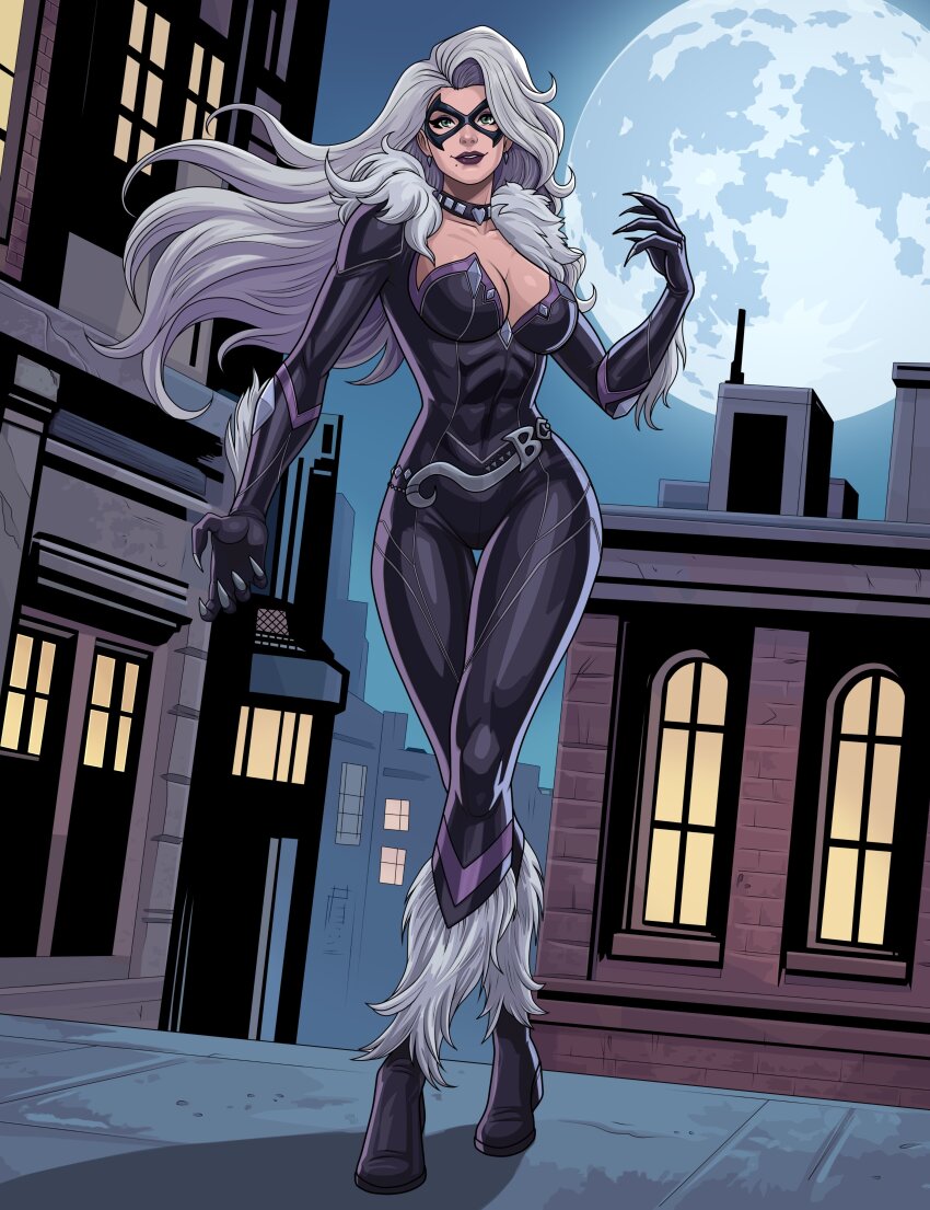 absurdres, arm_at_side, backlighting, black_bodysuit, black_cat_(marvel), bodysuit, boots, breasts