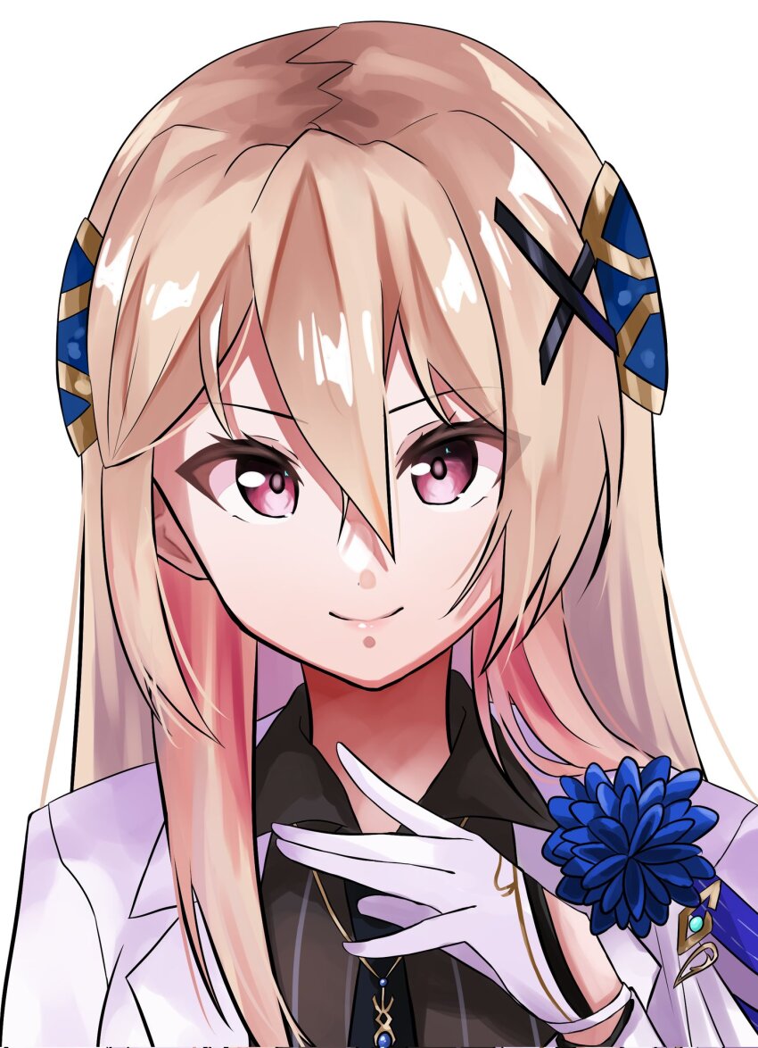 >:), 1girl, \||/, black_necktie, black_shirt, blonde_hair, blue_flower, closed_mouth