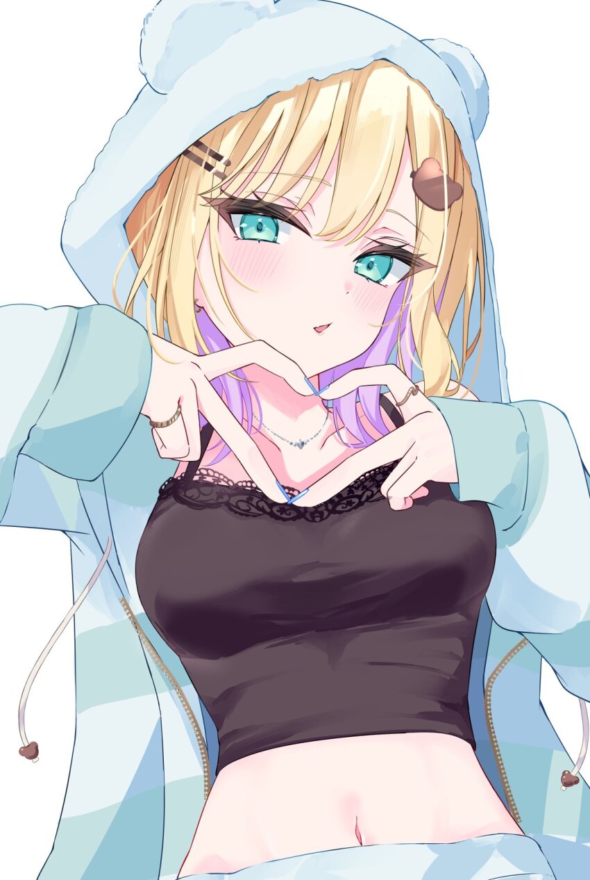 1girl, animal_ear_hood, aqua_eyes, bear_hair_ornament, black_camisole, blonde_hair, blue_nails, blush, breasts, camisole, choppy_bangs, colored_inner_hair, commentary, crop_top, fake_animal_ears, fingernails, hair_ornament, hairclip, hands_up, heart, heart_hands, highres, hood, hood_up, hooded_jacket, if_(ify_cappuccino), jacket, jewelry, kurumi_noah, large_breasts, long_sleeves, looking_at_viewer, medium_hair, midriff, multicolored_hair, nail_polish, navel, parallel_hairclips, parted_lips, ring, simple_background, solo, striped_clothes, striped_jacket, untranslatable_commentary, unzipped, upper_body, virtual_youtuber, vspo!, white_background