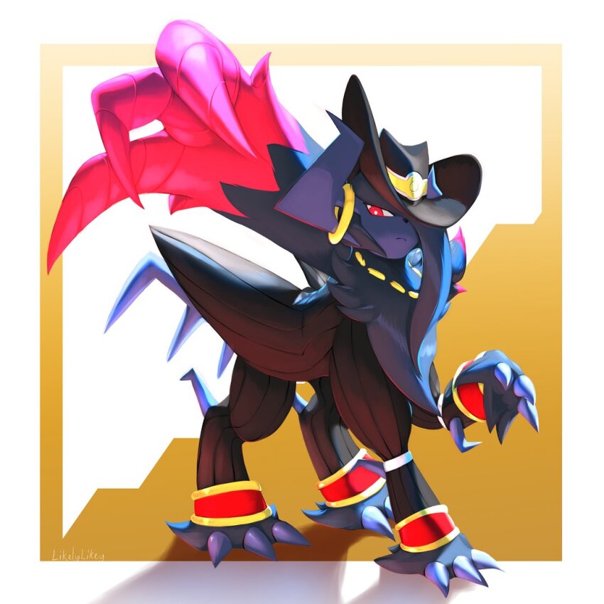 absol, absol_(dark_suit), black_hat, border, bright_pupils, claws, closed_mouth, clothed_pokemon