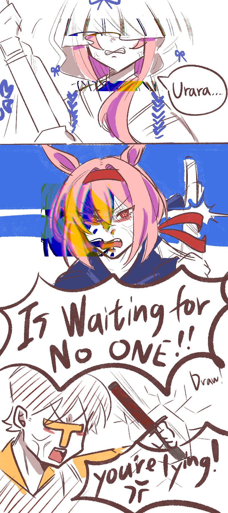 1boy, 1girl, anger_vein, animal_ears, blue_background, blue_ribbon, commentary, cosplay