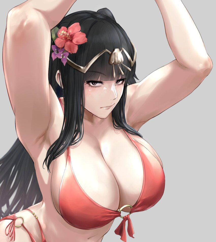 1girl, acker_feh, armpits, arms_up, bare_arms, bikini, black_hair, blunt_bangs, breasts, commentary_request, fire_emblem, fire_emblem_awakening, fire_emblem_heroes, flower, grey_background, hair_flower, hair_ornament, highres, huge_breasts, long_hair, looking_at_viewer, navel, nintendo, o-ring, o-ring_bikini, official_alternate_costume, red_bikini, red_flower, sideboob, simple_background, solo, stomach, swimsuit, tharja_(fire_emblem), tharja_(summer)_(fire_emblem), tiara, upper_body, upturned_eyes, very_long_hair