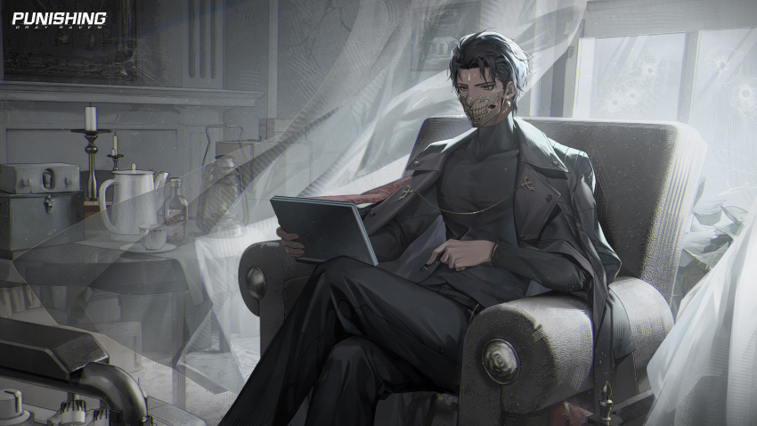 1boy, absurdres, black_hair, black_jacket, black_pants, black_shirt, bullet_hole, candlestand