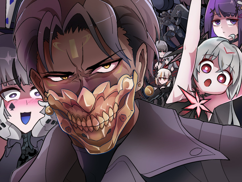 3boys, 5girls, black_hair, blush, chaos_(pgr), cinderelik_(pgr), commentary_request, dorinhakawaii