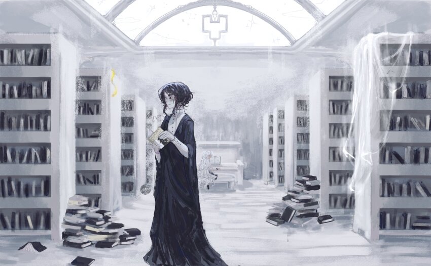 1boy, 1girl, arch, black_hair, black_robe, black_sclera, book, book_stack