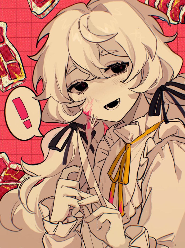 !, 1girl, bib_collar, black_ribbon, blood, blood_on_face, blood_on_fork, charlotte_wiltshire_(delirium)