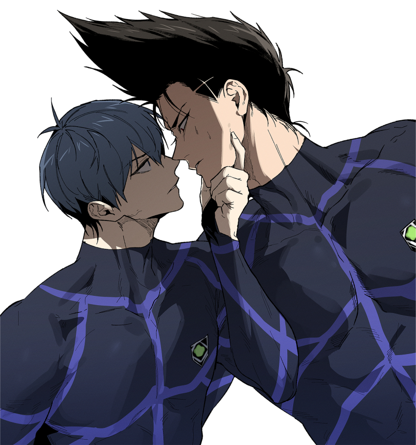 2boys, absurdres, barou_shouei, black_hair, blue_hair, blue_lock, blue_lock_bodysuit, closed_mouth
