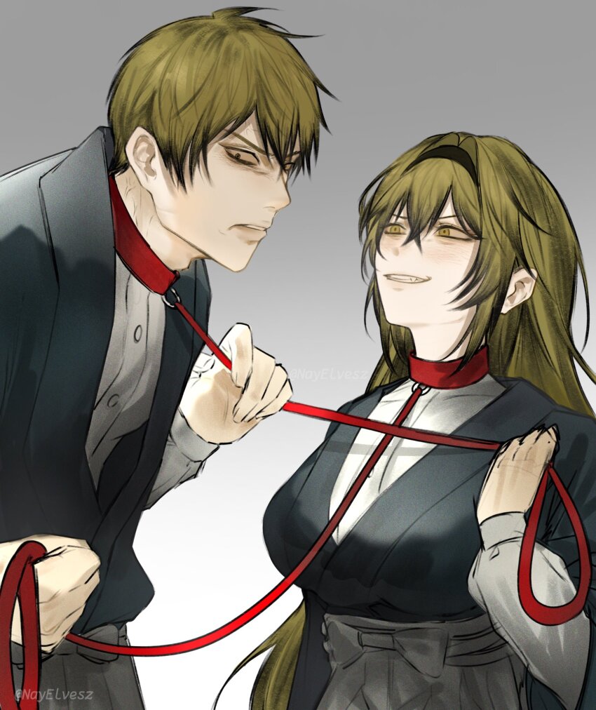 1boy, 1girl, artist_name, black_headband, blonde_hair, breasts, collar, colored_tips, commentary, cropped_torso, english_commentary, fang, genderswap, genderswap_(mtf), grey_background, grimace, hakama, headband, highres, holding, holding_leash, japanese_clothes, jujutsu_kaisen, large_breasts, leash, leash_in_mouth, leash_pull, light_blush, long_hair, multicolored_hair, nayelvesz, parted_lips, signature, simple_background, smile, twitter_username, veins, yellow_eyes, zen'in_naoya
