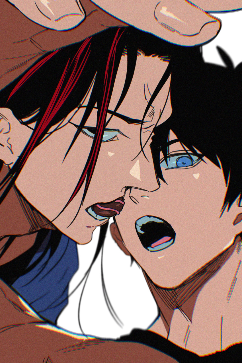2boys, barou_shouei, black_hair, blue_eyes, blue_lock, blue_shirt, chocolate, commentary_request