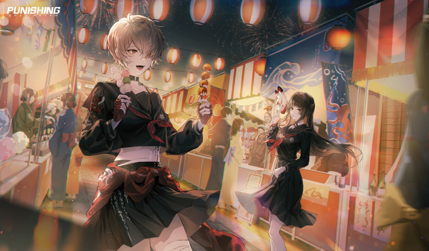 2boys, 5girls, absurdres, aerial_fireworks, akiyadol, black_hair, black_serafuku, black_skirt