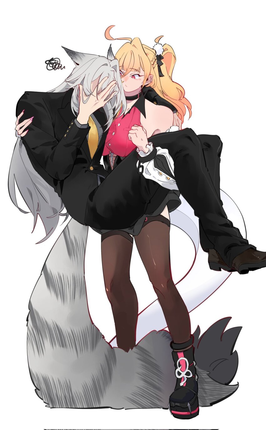 1boy, 1girl, ahoge, animal_ears, bare_shoulders, black_jacket, black_pants, black_shoes