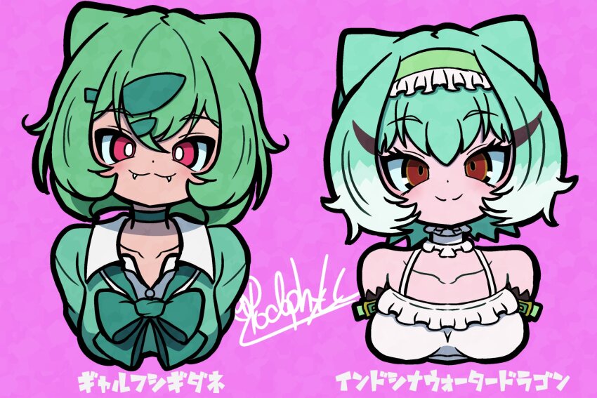 2girls, belt, bow, bowtie, brown_eyes, bulbasaur, camisole, chinese_water_dragon_(kemono_friends), choker, gen_1_pokemon, green_hair, gyaru_bulbasaur, gyaru_bulbasaur_(shin_no_tenpii), hairband, highres, jacket, kemono_friends, looking_at_viewer, multiple_girls, nintendo, podophyll, pokemon, pokemon_pokopia, purple_background, red_eyes, shirt, short_hair, simple_background, upper_body