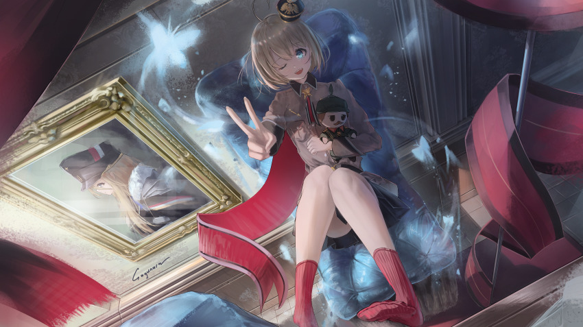 1girl, :d, absurdres, azur_lane, bismarck_(azur_lane), black_skirt, blonde_hair, bug