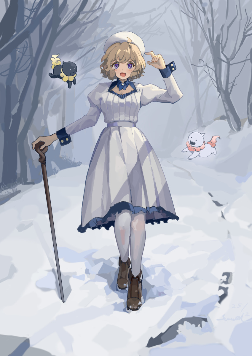 1girl, :d, absurdres, arm_up, bare_tree, blonde_hair, blue_collar, brown_shoes