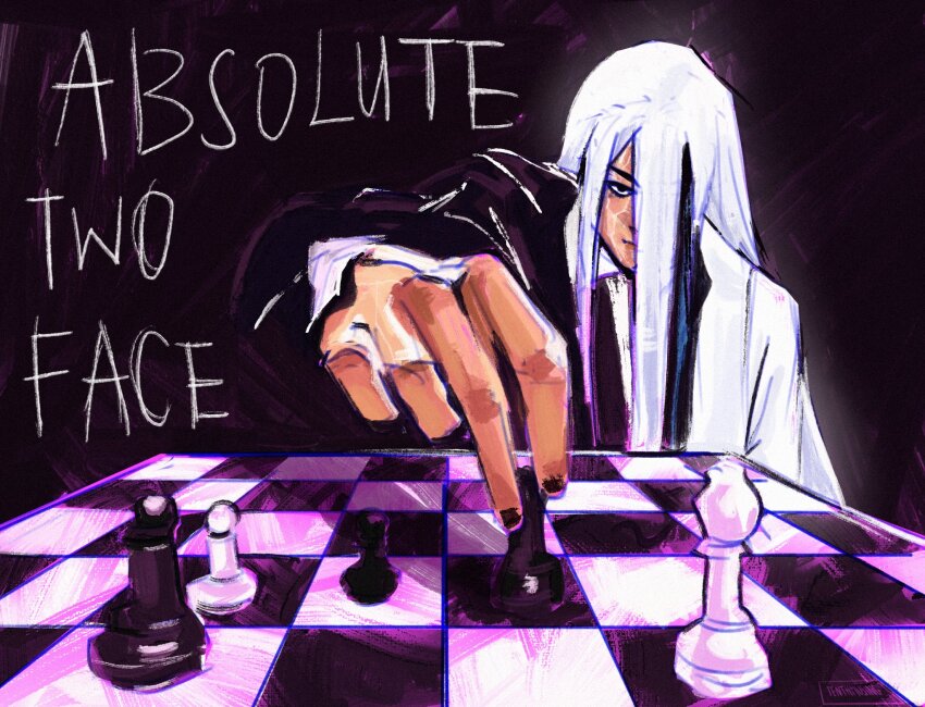1boy, absolute_batman, absolute_dc, batman_(series), board_game, chess, chess_piece, contrast