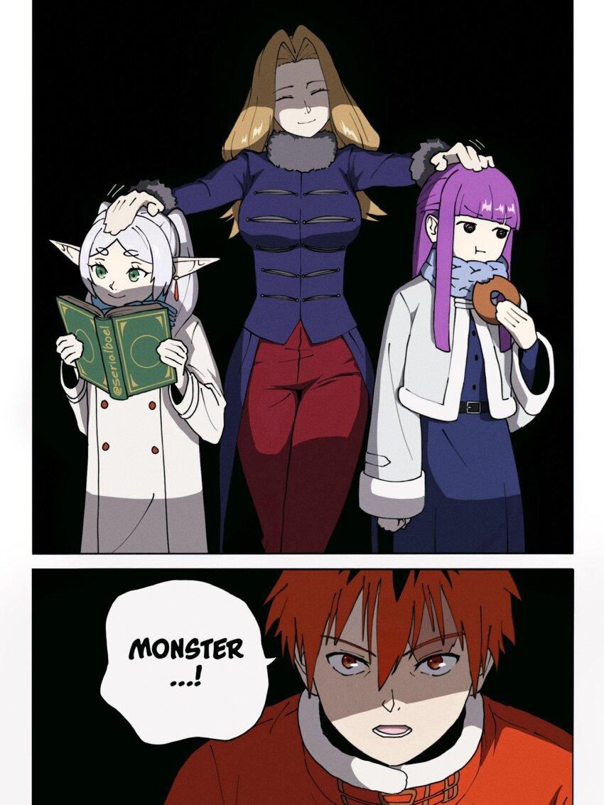 1boy, 3girls, belt, belt_buckle, black_belt, blonde_hair, blue_scarf, book