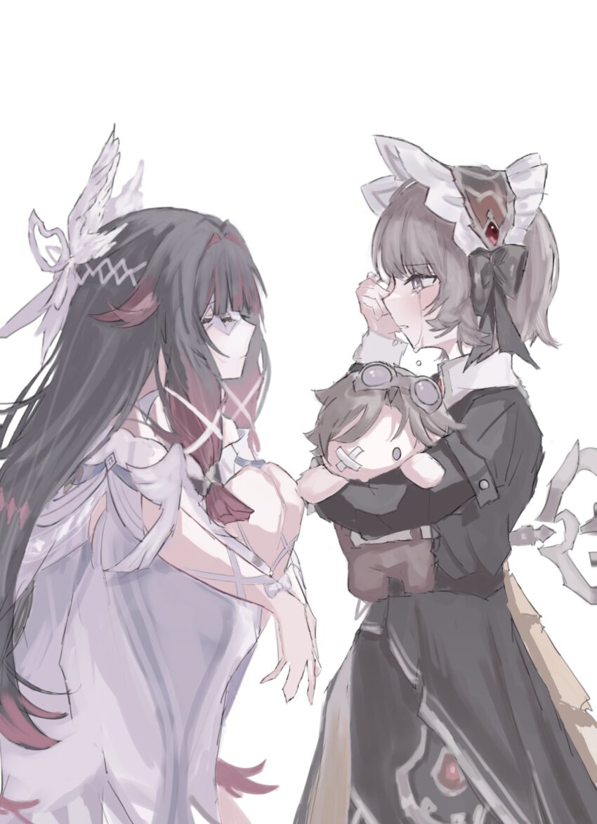 2girls, aged_down, alain_guillotin, black_bow, black_dress, black_hair, bonnet, bow