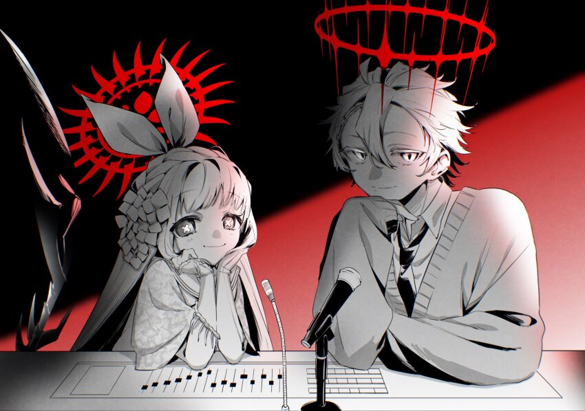 1boy, 1girl, character_request, collared_shirt, commentary_request, greyscale, hair_between_eyes, hair_ribbon