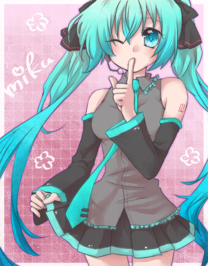 1girl, aqua_eyes, aqua_hair, bad_id, bad_pixiv_id, detached_sleeves, female_focus, finger_to_mouth
