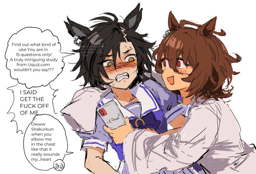 2girls, agnes_tachyon_(umamusume), air_shakur_(umamusume), arm_around_neck, baryumejuya, black_hair, blush, brown_hair