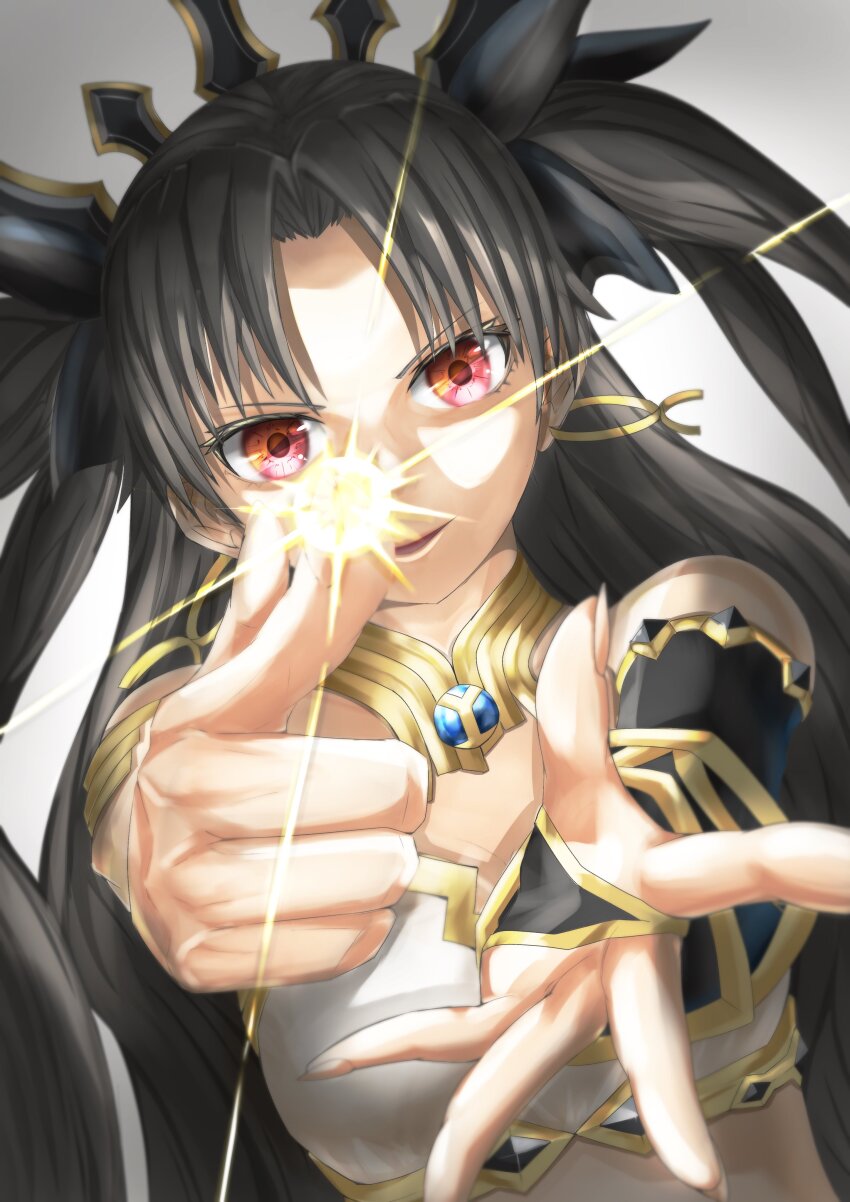 1girl, absurdres, arm_warmers, armlet, asymmetrical_sleeves, black_hair, commentary_request, denki_hitsug, detached_sleeves, earrings, elbow_gloves, fate/grand_order, fate_(series), gloves, hair_ribbon, highres, hoop_earrings, ishtar_(fate), jewelry, long_hair, looking_at_viewer, neck_ring, open_mouth, parted_bangs, red_eyes, ribbon, single_arm_warmer, single_detached_sleeve, single_elbow_glove, solo, tiara, two_side_up, uneven_sleeves