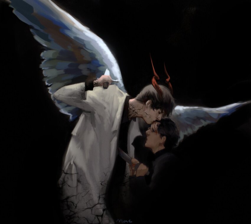 2boys, black_hair, closed_eyes, colored_veins, demon_horns, hand_on_another's_forehead, holding, holding_knife