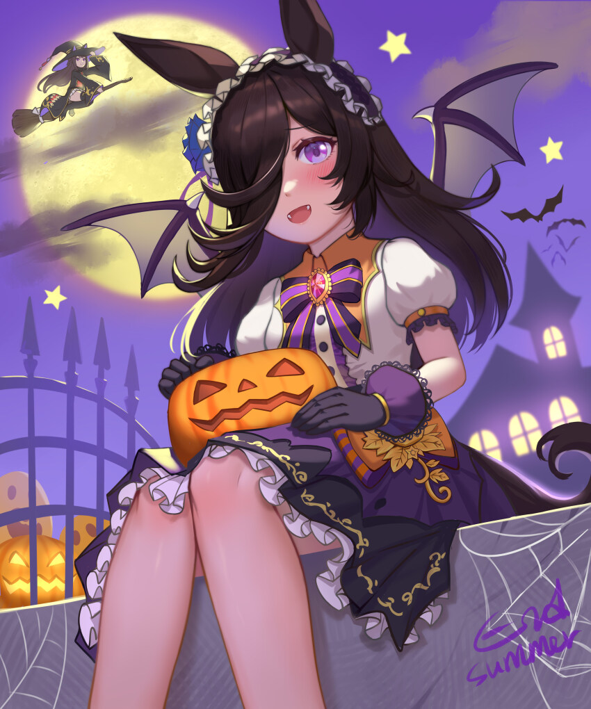 2girls, absurdres, animal_ears, bat_(animal), bat_wings, black_gloves, black_robe, blue_flower