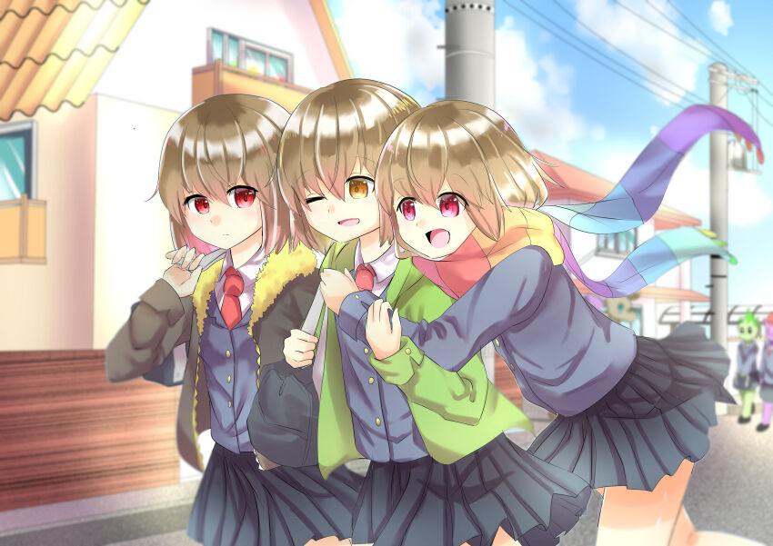 3girls, :d, absurdres, alternate_costume, alternate_universe, bag, batory_ken, black_coat