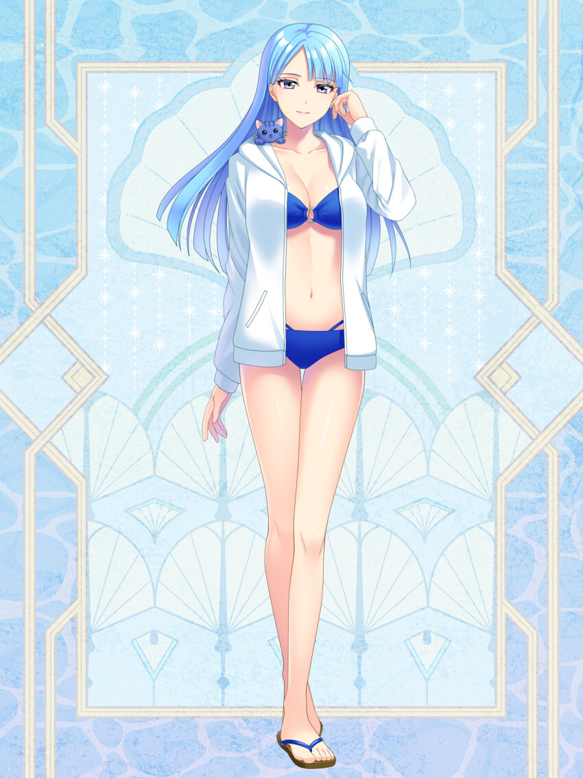 1girl, animal, animal_on_shoulder, bikini, blue_background, blue_bikini, blue_hair, breasts