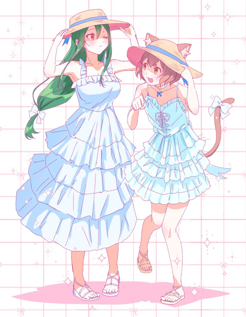1boy, 1girl, animal_ears, blush, breasts, brown_eyes, brown_hair, cat_boy, cat_ears, cat_tail, commentary_request, crossdressing, crusch_karsten, dress, felix_argyle, full_body, green_hair, hat, highres, long_hair, low-tied_long_hair, nuuuuu_oxo, one_eye_closed, paw_pose, re:zero_kara_hajimeru_isekai_seikatsu, sandals, short_hair, sun_hat, sundress, tail, trap