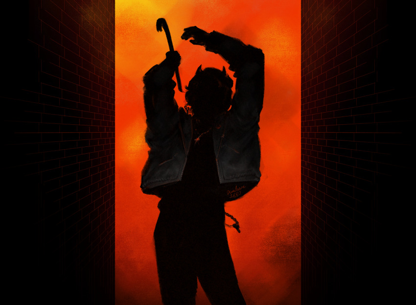1boy, absurdres, alley, backlighting, crowbar, dark, dark_alleyway, demon_horns