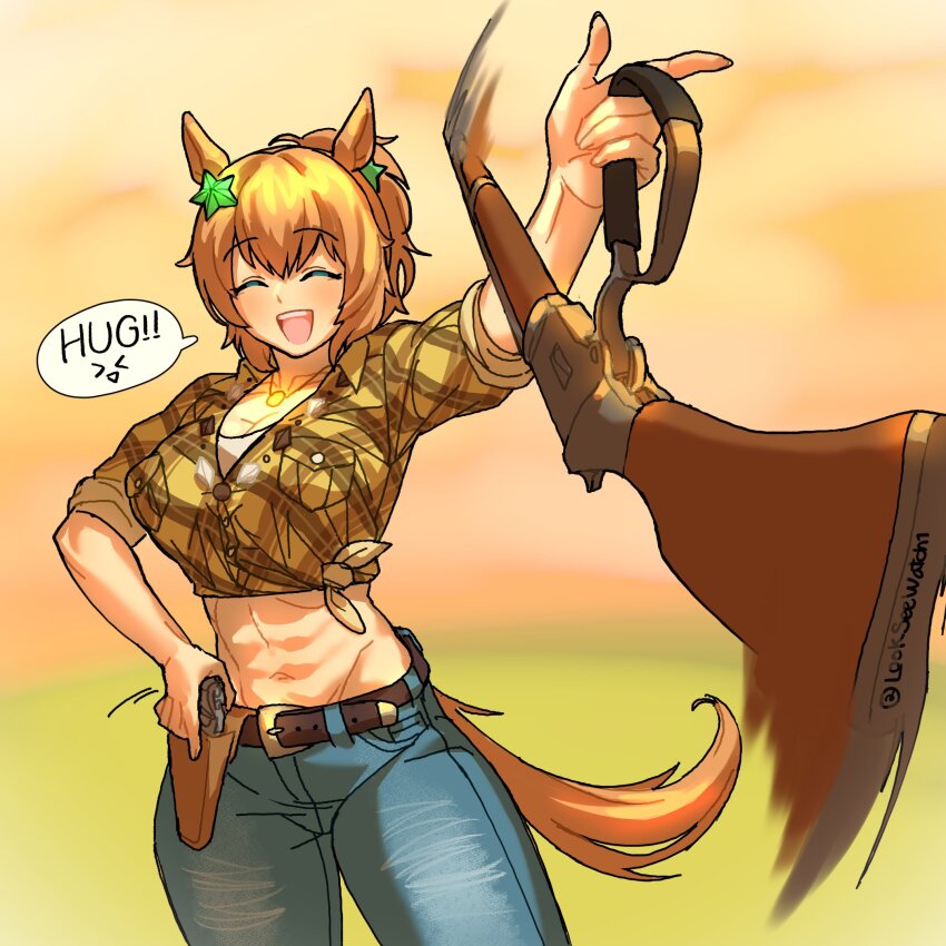 1girl, abs, animal_ears, asymmetrical_dual_wielding, blue_pants, blurry, blurry_background, breasts