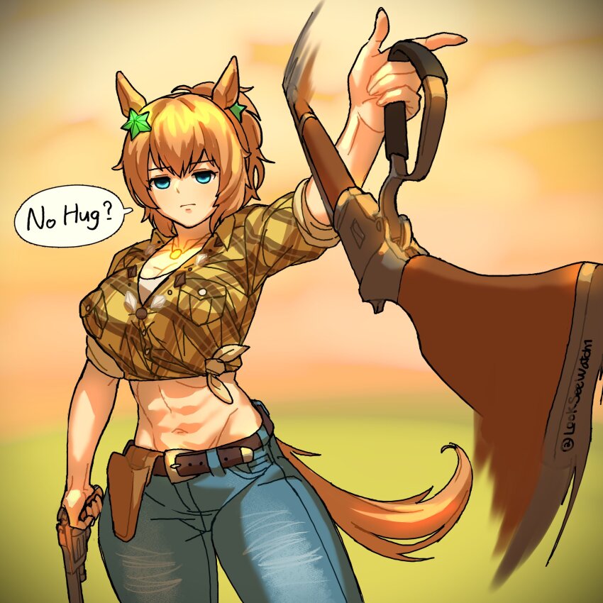 1girl, abs, animal_ears, asymmetrical_dual_wielding, blue_eyes, blue_pants, blurry, blurry_background