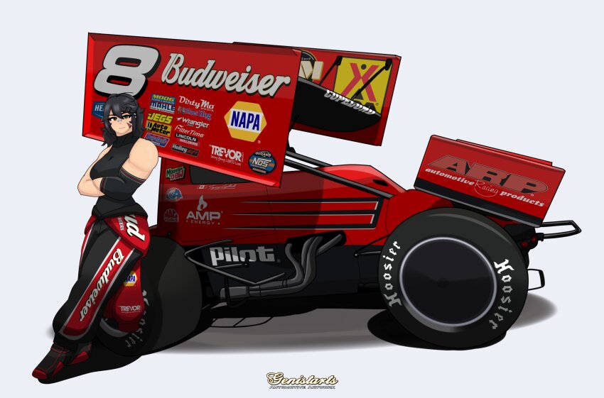 absurdres, artist_name, bandaid, bandaid_on_face, bandaid_on_nose, black_hair, black_shirt, black_shoes, breasts, brown_eyes, budweiser, car, commentary, compression_sleeve, detached_sleeves, english_commentary, grey_background, highres, jumpsuit, jumpsuit_around_waist, large_breasts, logo, looking_at_viewer, medium_hair, mei_(genistarts), motor_vehicle, nos_energy_drink, original, race_vehicle, racecar, racing_suit, red_car, shirt, shoes, single_detached_sleeve, sleeveless, sleeveless_shirt, smile, smirk, spoiler_(automobile), sponsor, sprint_car, tex_copelund, vehicle_focus, world_of_outlaws, wrangler_jeans
