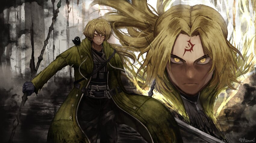1boy, a_certain_sinclair_(project_moon), absurdres, aeoncore1, animal, animal_on_shoulder, artist_name, asymmetrical_dual_wielding, belt, bird, bird_on_shoulder, black_bird, black_gloves, black_pants, blonde_hair, closed_mouth, coat, commentary, curtained_hair, dog_tags, dual_wielding, facial_mark, forehead_mark, gloves, glowing, greatsword, green_coat, highres, holding, holding_polearm, holding_sword, holding_weapon, hood, hooded_coat, limbus_company, load_bearing_vest, long_hair, looking_at_viewer, low_ponytail, male_focus, multiple_views, open_clothes, open_coat, pants, parted_bangs, polearm, ponytail, project_moon, serious, shin_(project_moon), shoulder_strap, sinclair_(project_moon), sword, trench_coat, v-shaped_eyebrows, vest, weapon, yellow_eyes