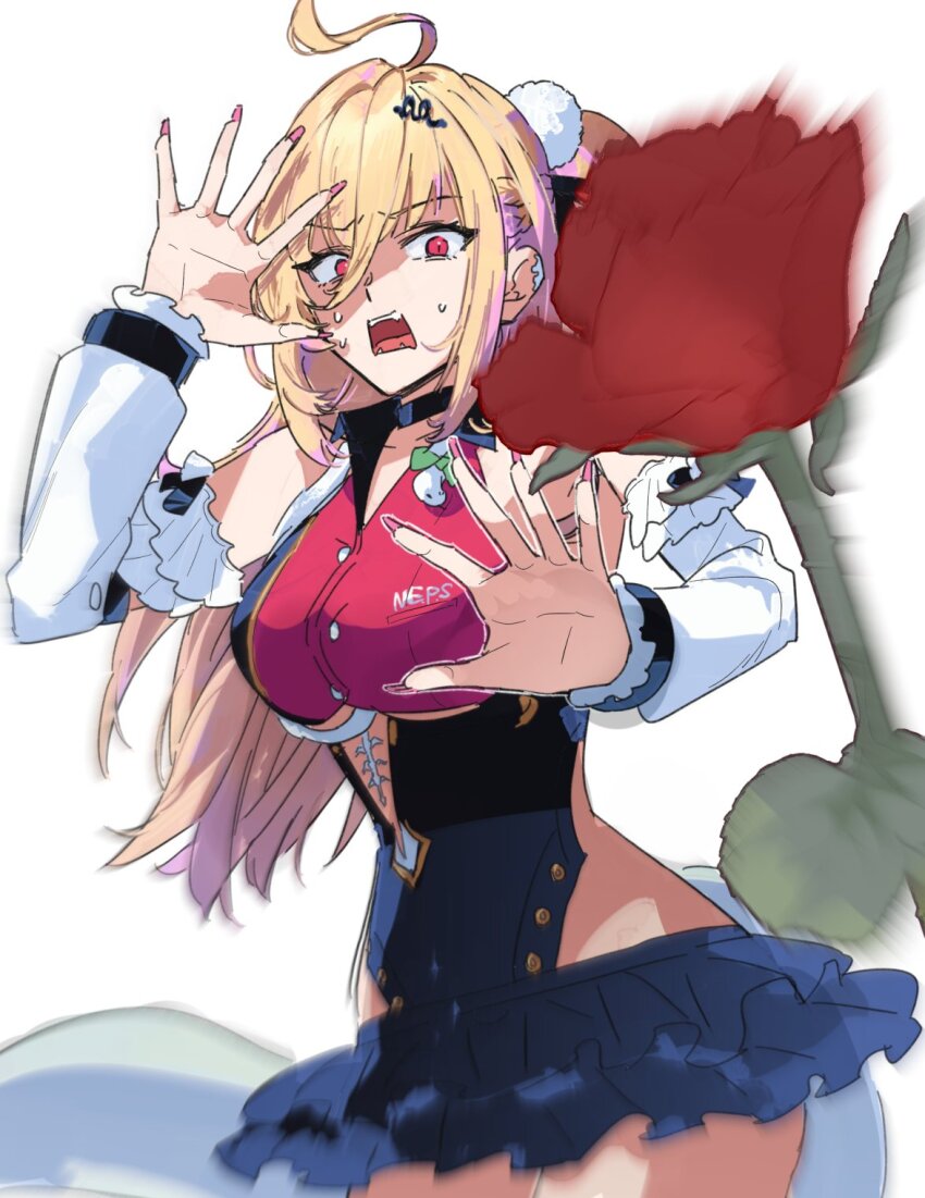 1girl, ahoge, bare_shoulders, black_skirt, blonde_hair, breasts, cissia_(zenless_zone_zero), cleavage_cutout