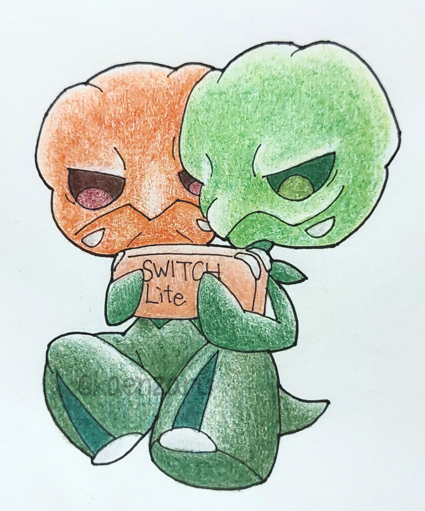 closed_mouth, commentary_request, handheld_game_console, highres, holding, holding_handheld_game_console, kaenzaru, multiple_heads