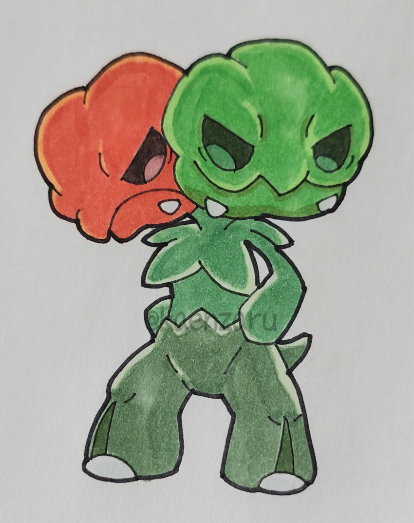 closed_mouth, commentary_request, full_body, grey_background, hands_on_own_hips, highres, kaenzaru, multiple_heads, nintendo, no_humans, pokemon, pokemon_(creature), pokemon_focus, scovillain, simple_background, solo, standing